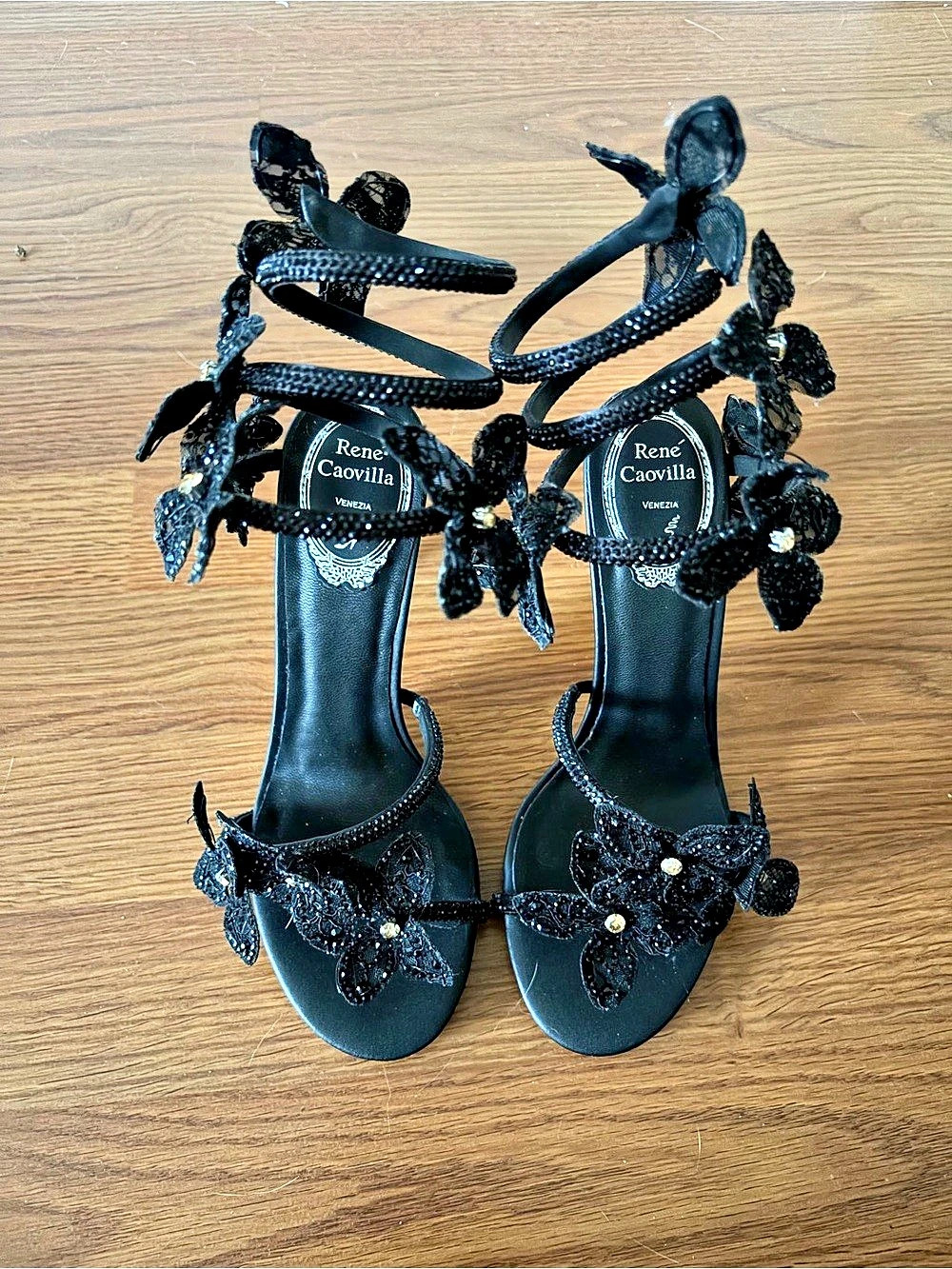 Rene Caovilla Crystal-Embellished Flower Lace Black Heels